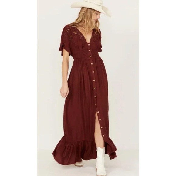 Free People Dresses & Skirts - Free People Collette Maxi Dress M Rust Lace Boho Button Front Romantic Cottage